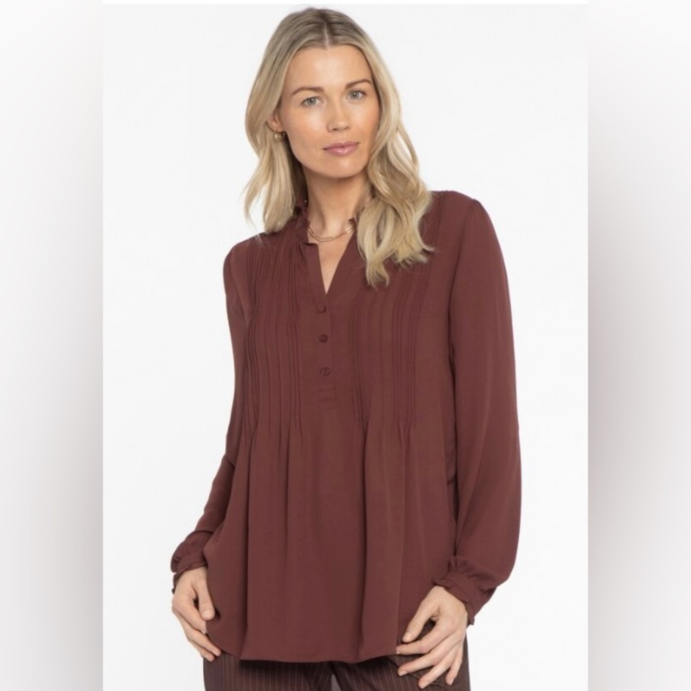 NYDJ Pleated Peasant Blouse Minimalist Casual Top Brown XS
